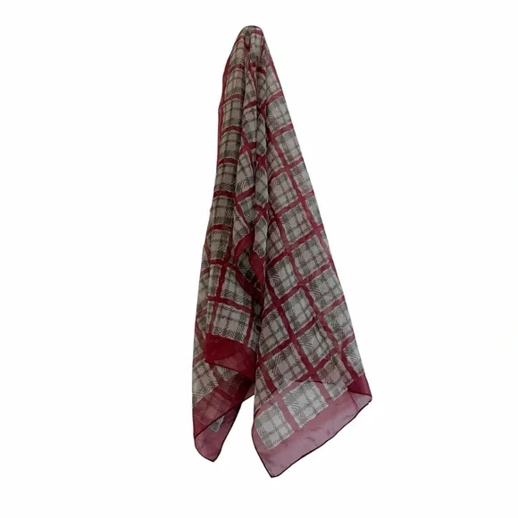 Vintage Echo Red Gray Plaid Geometric Silk Scarf - Picture 2 of 5